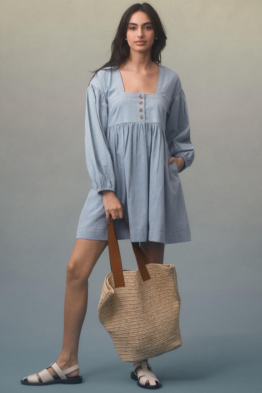 NWT Anthropologie Denim Cotton Babydoll Mini Dress - Size Small